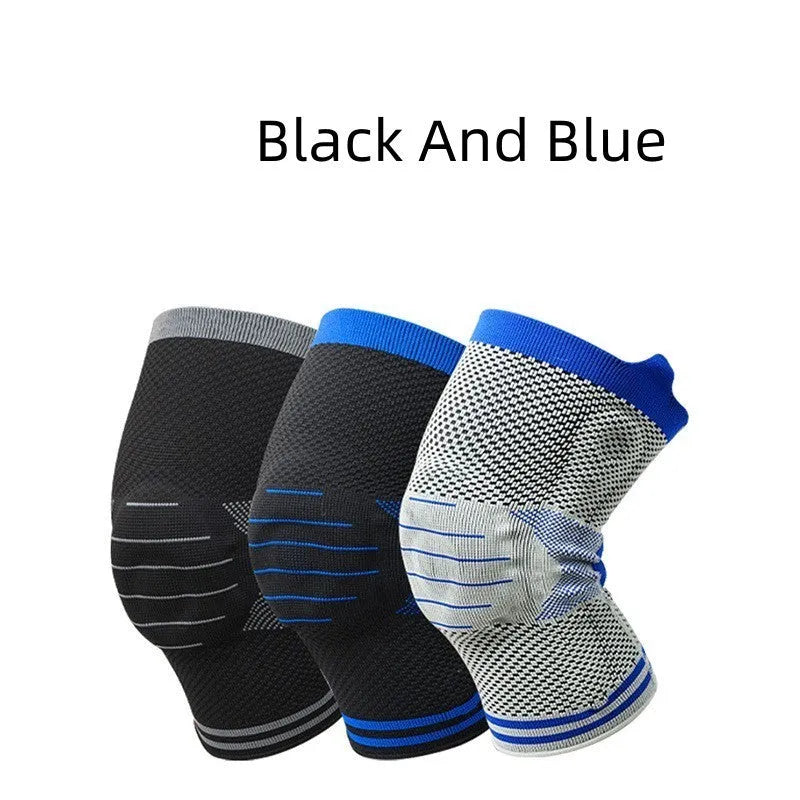 Silicone massage spring knee pad with shock absorber bar in cotton, shown in a two-tone colour option.