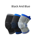 Silicone massage spring knee pad with shock absorber bar in cotton, shown in a two-tone colour option.