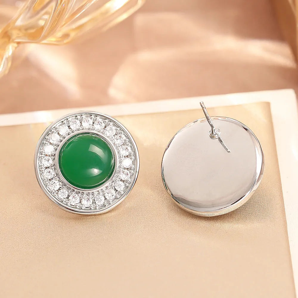 Green emerald zircon ear stud and necklace set with geometric design and real gold plating