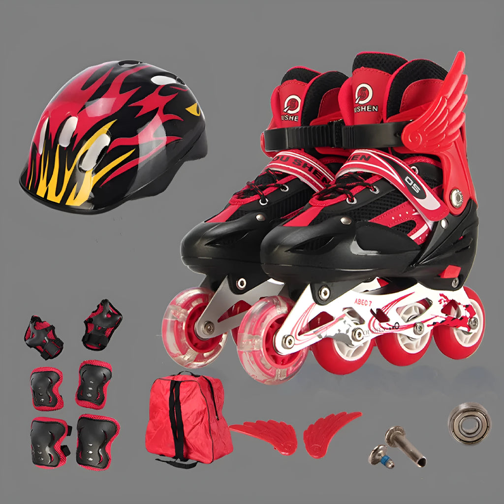 Yellow adjustable children's inline skates with aluminium frame, helmet, and protective gear set on a backpack