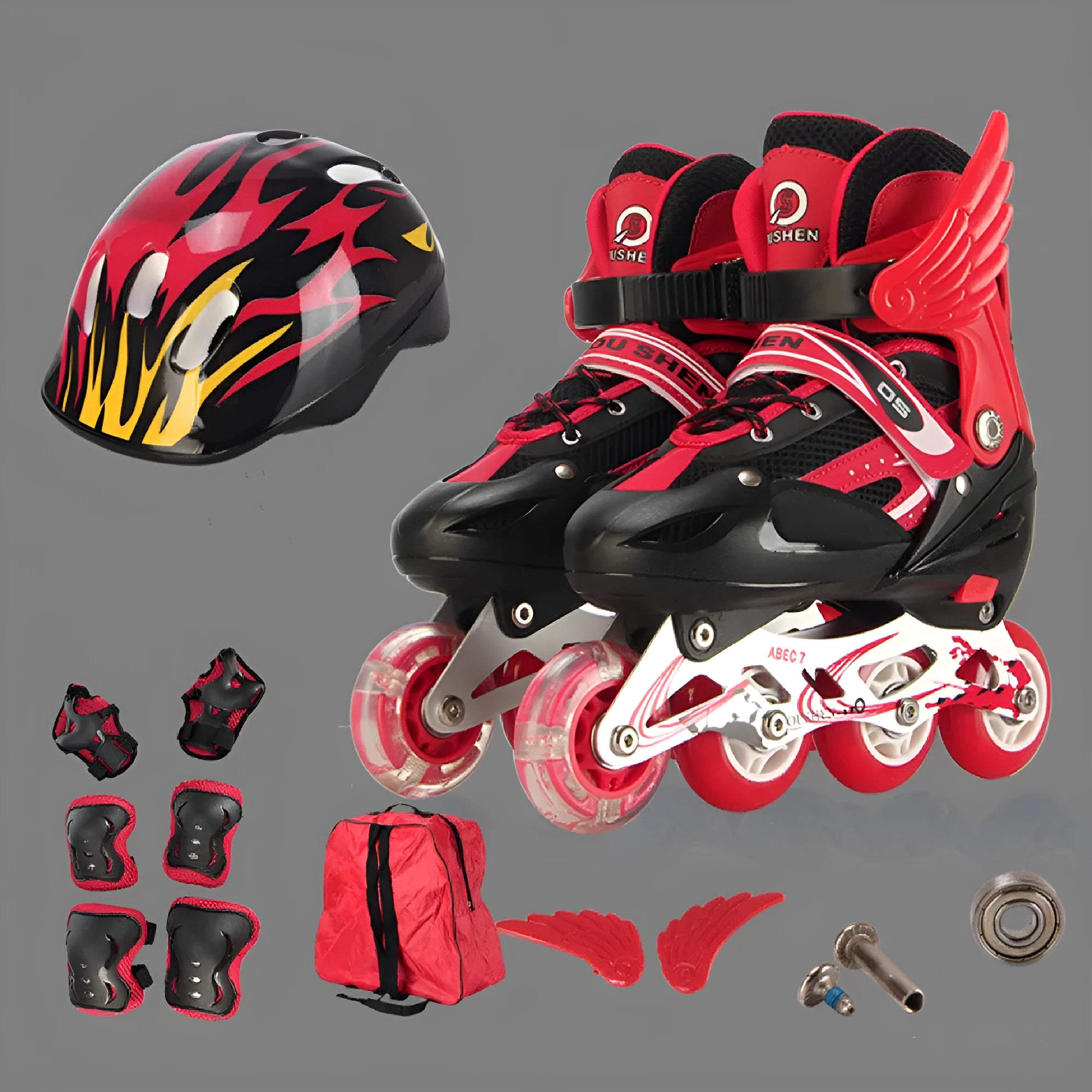 Yellow adjustable children's inline skates with aluminium frame, helmet, and protective gear set on a backpack