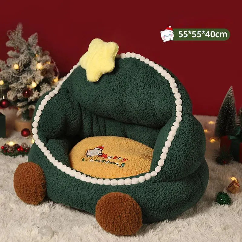 Green Christmas tree cat nest, closed pet bed, warm winter, removable washable cat bed