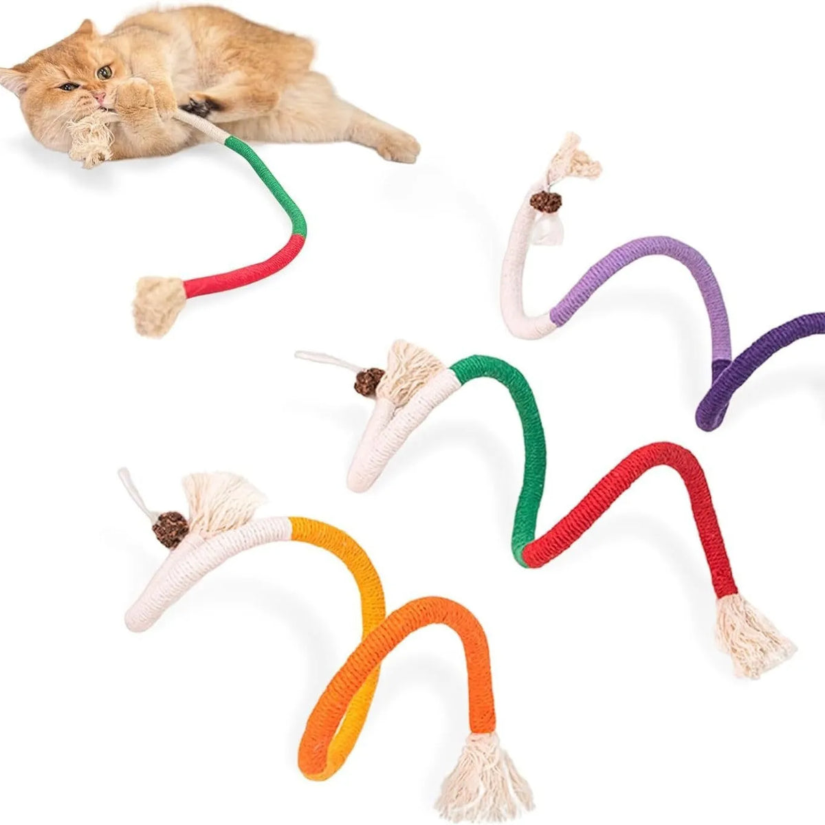 70 cm bite-resistant cotton rope cat toy in purple, orange, and green colour variations