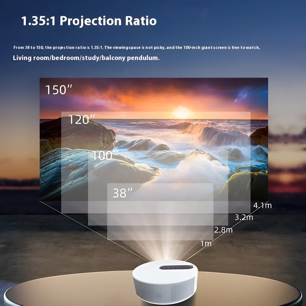 White HD home projector with remote control on a wooden table