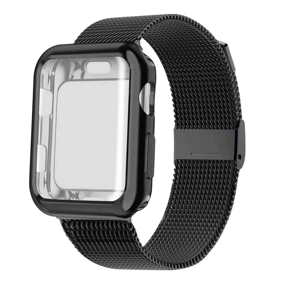 Magnetic metal Milan wristband for Apple Watch on wrist, showing clasp and mesh detail.