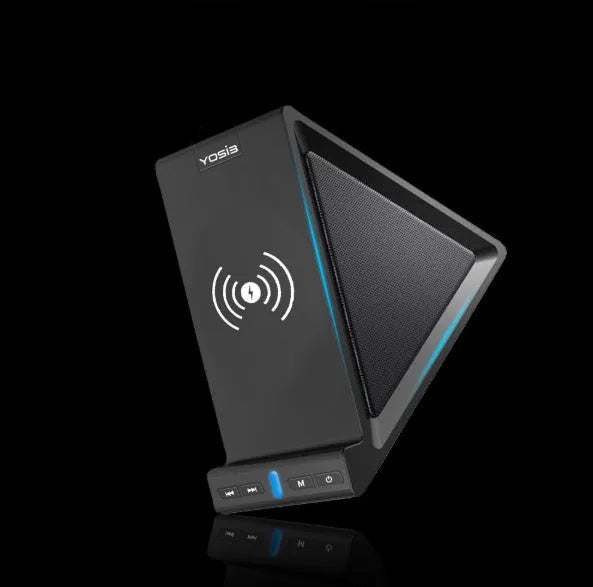 Black multifunctional mobile phone stand with built-in Bluetooth speaker and wireless charging surface