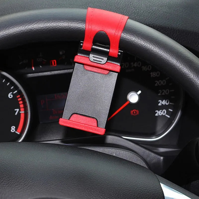 Black car steering wheel clip mount holder showing iPhone compatibility for hands-free navigation