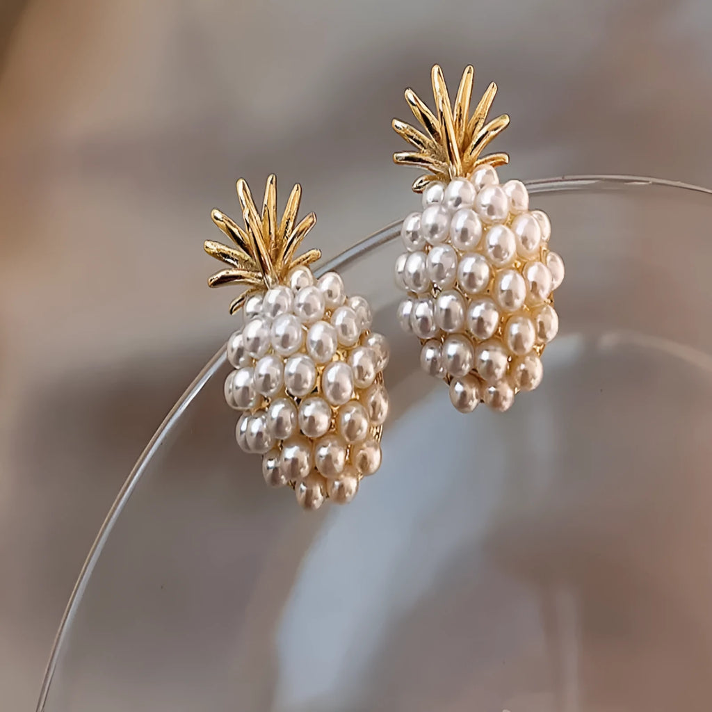 Korean style women's fruit-themed earrings in alloy with electroplated gold, silver, pearl flower, and starfish pearl finishes.