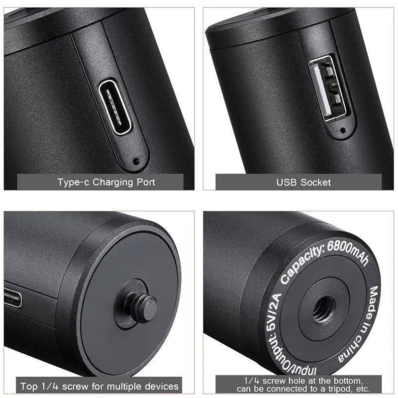 Black aluminium alloy portable charging handle with 6800mAh battery capacity, showing carry handle and compact 12.5cm by 3.2cm size.