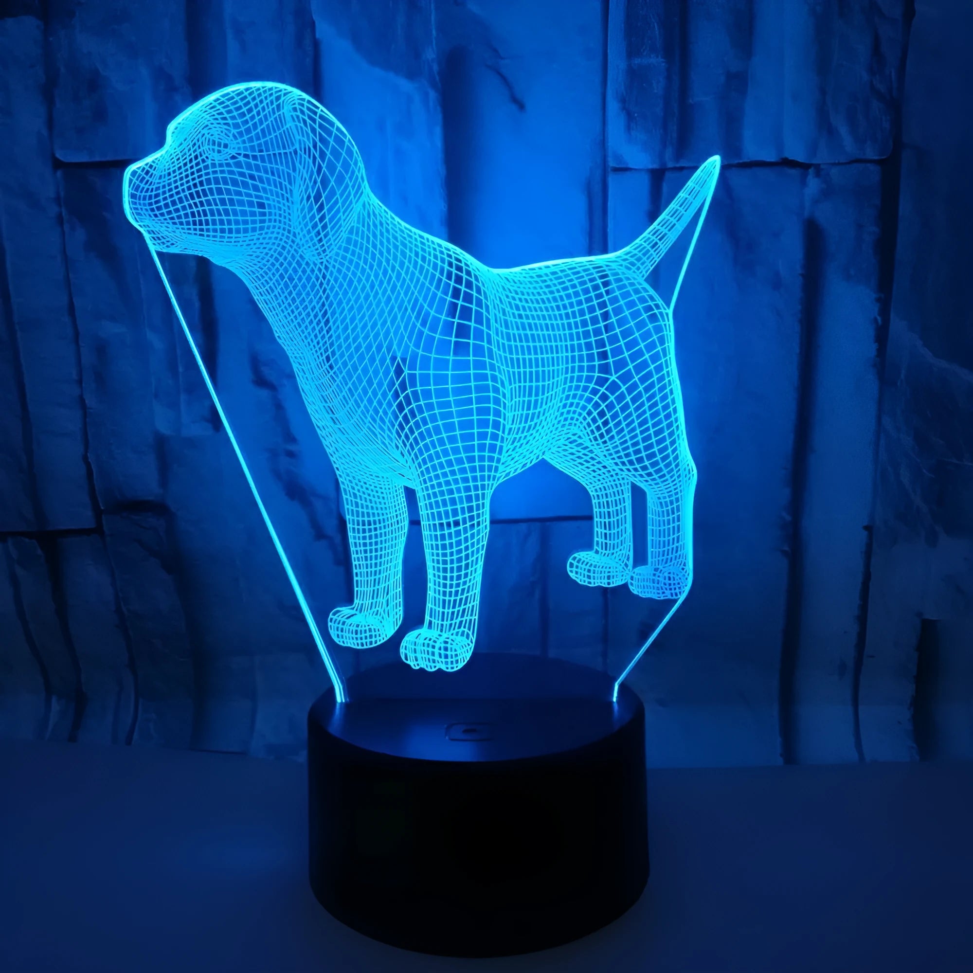 Dog-shaped mood lamp with USB cable and remote control, showing 7 colour touch options