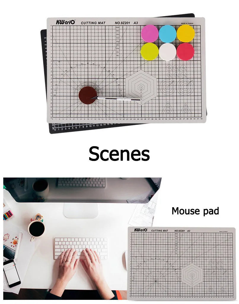 Double-sided A3 self-healing cutting mat in green with centimetre grid layout