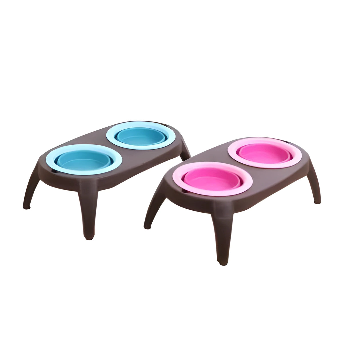 Folding pet double bowl in grey collapsed flat showing PP and TPR construction with two compartments