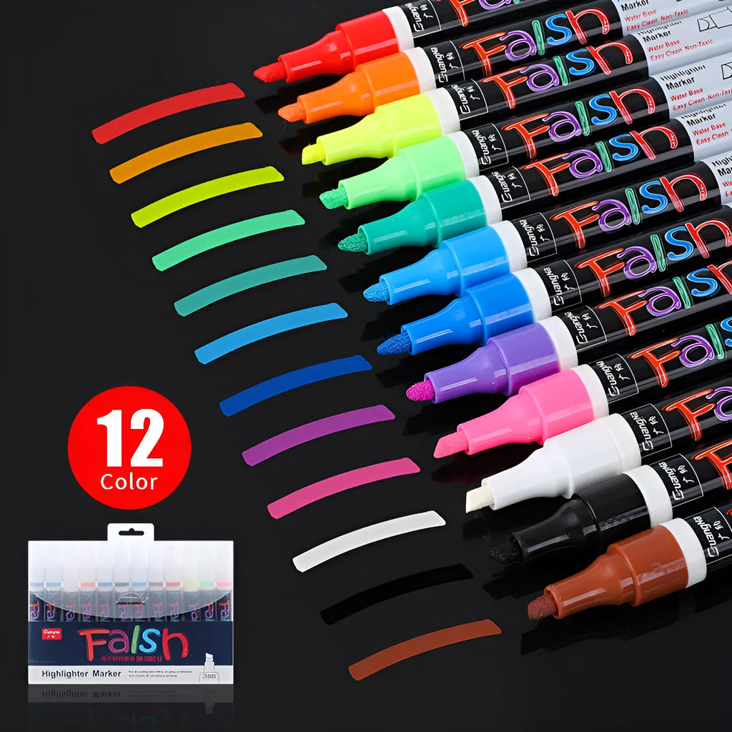 Electronic fluorescent plate highlighter pen with 6mm tip, plastic oblique body, shown with multi-colour refill set.