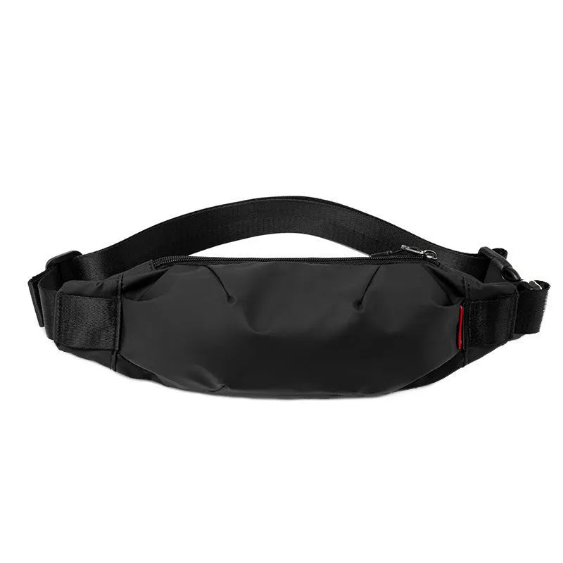 Black Oxford cloth waist pack showing multiple internal pockets including phone and ID compartments