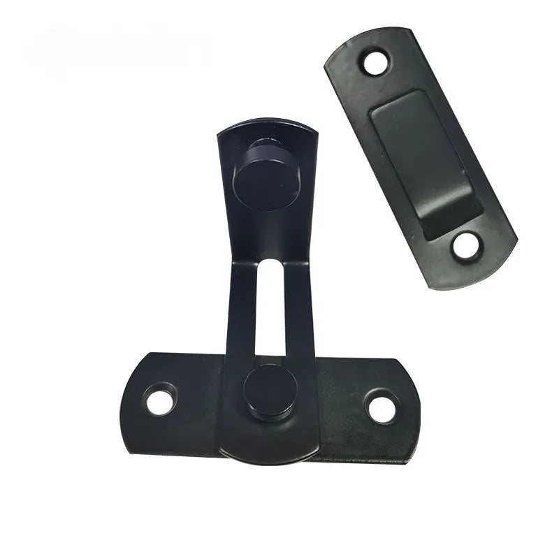 90-degree black carbon steel buckle lock with flat stainless steel shackle for sliding doors