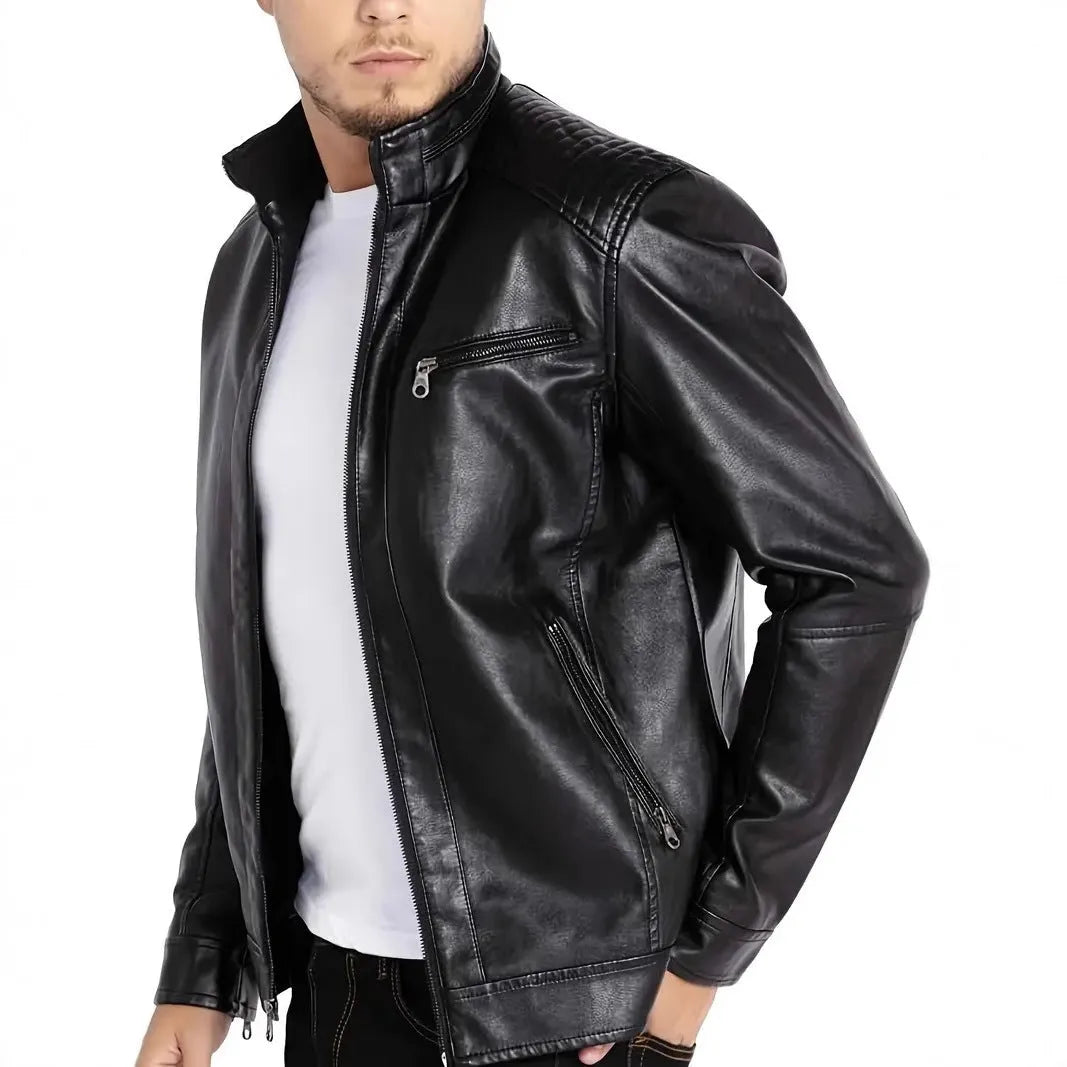 Men's brown artificial leather punk motorcycle jacket with stand collar and patch pockets on a hanger