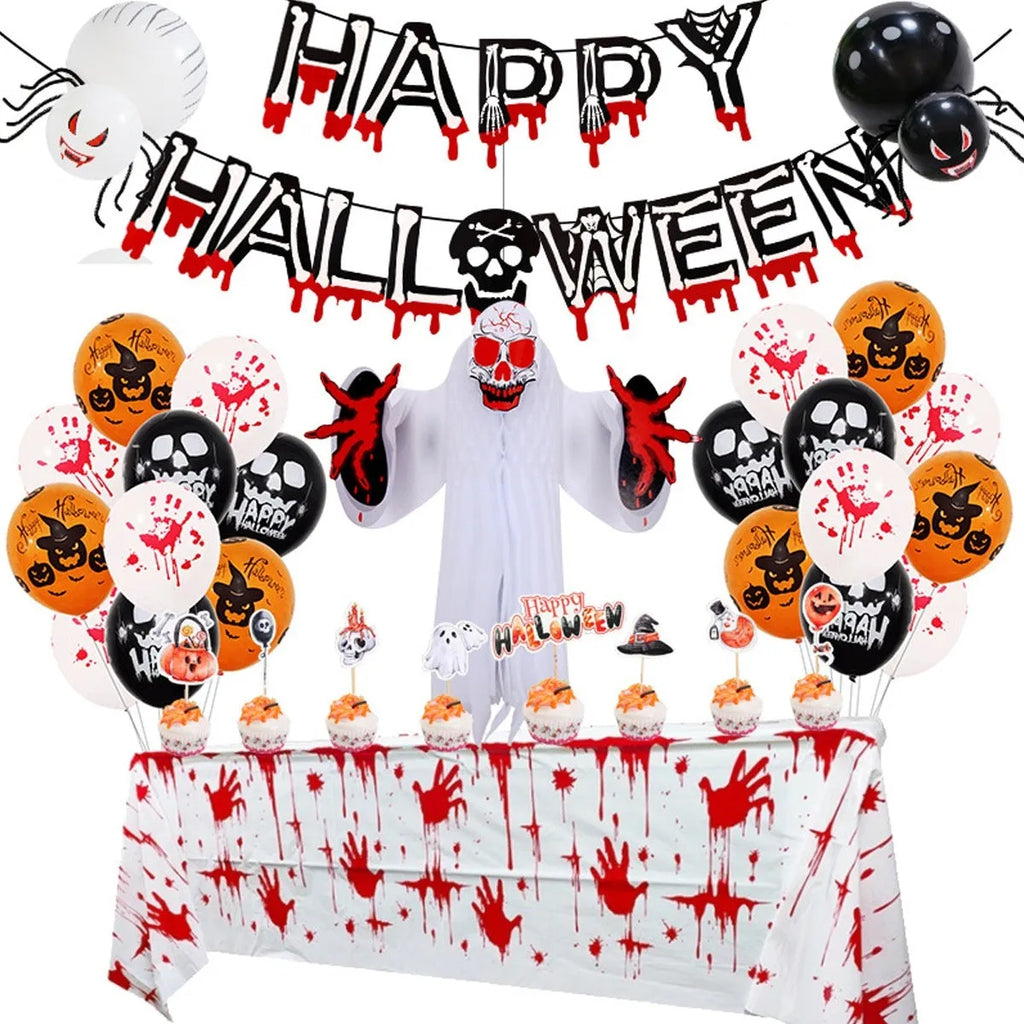 Halloween decoration balloon set with skull and pumpkin shapes in white and black colours including spider balloon arch