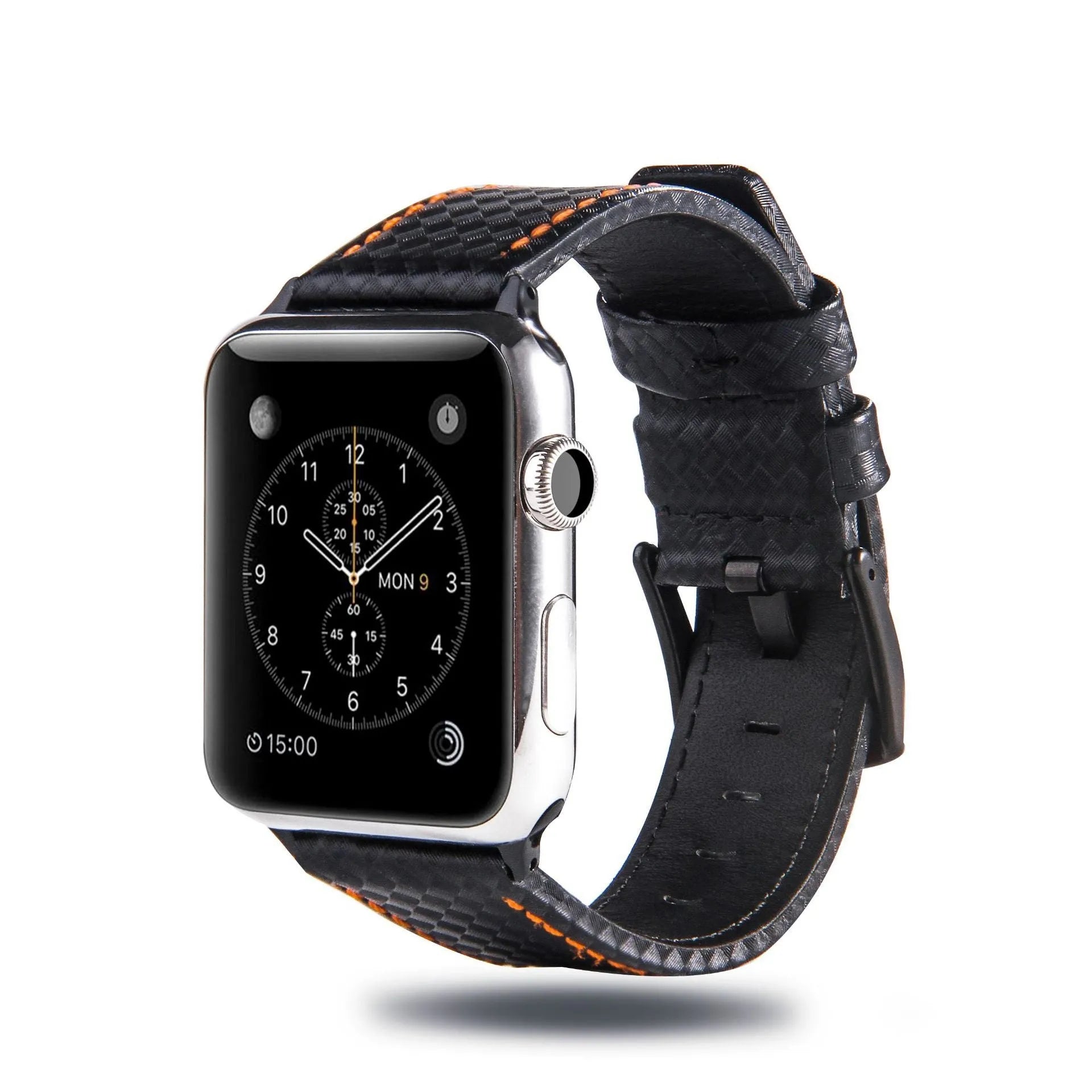 Carbon fibre and leather Apple Watch band with PC hard case in black, blue, orange, and red colour options