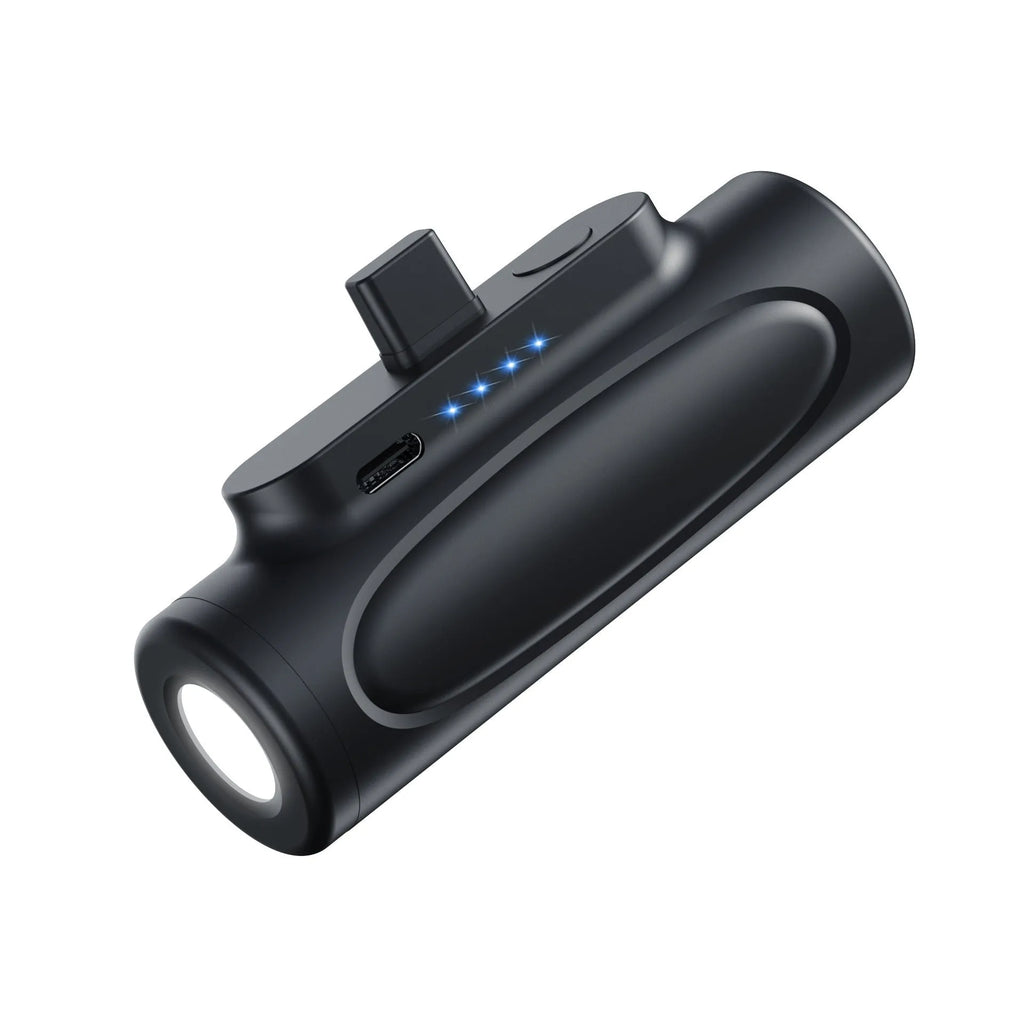 Black or pink power bank with integrated LED flashlight, 5000mAh capacity, 83mm length