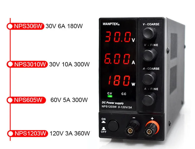 White NPS605W adjustable DC laboratory power supply with voltage and current controls for electronics repair.