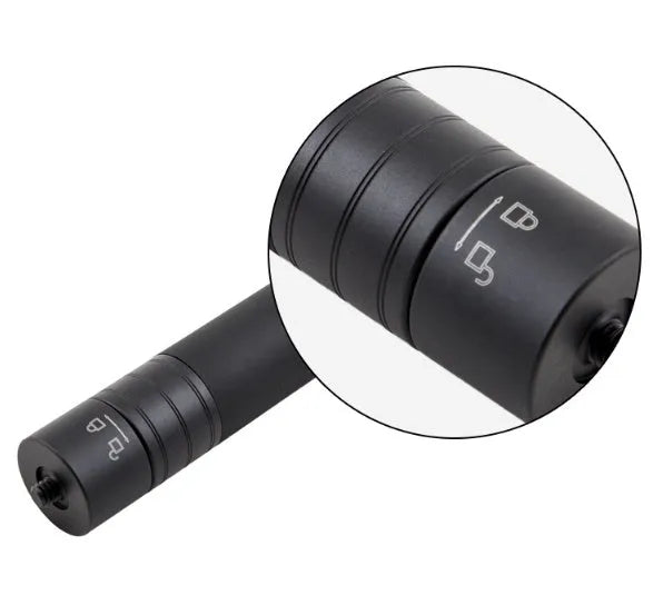 Black retractable selfie stick extended fully with phone attached, showing stabiliser grip.
