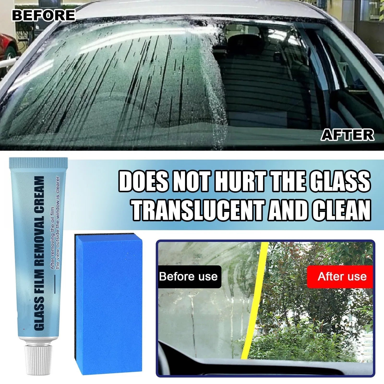 Blue packaged car glass oil film remover with soft sponge applicator for windshield cleaning
