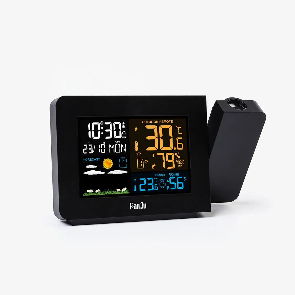 Multifunctional projection alarm clock showing time and temperature projection, with dual alarm and weather forecast on digital display