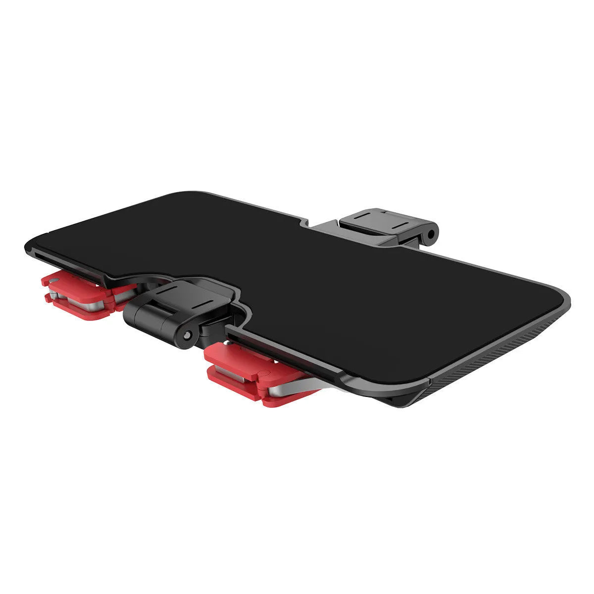 Black mobile phone gaming trigger bracket with an adjustable metal trigger and telescopic side clip.