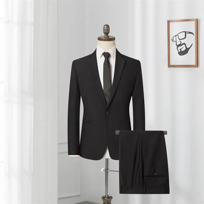 Men's slim fit black single-breasted business suit jacket with flat collar and back slit