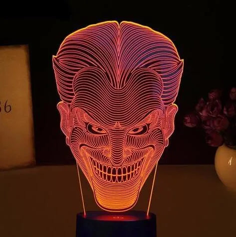 3D LED table lamp with acrylic base showing colourful gradient lighting, remote control, and USB cable