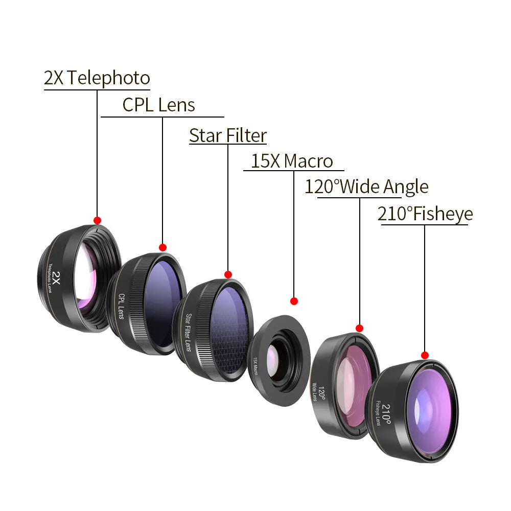 6 in 1 smartphone camera lens kit with fisheye, wide angle, macro and telephoto lenses in black aluminium housings