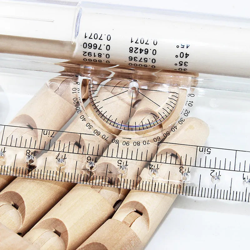 30cm plastic rolling ruler with calibrated rollers, angle and arc rapporteur, magnifying glass, and vertical line holes.