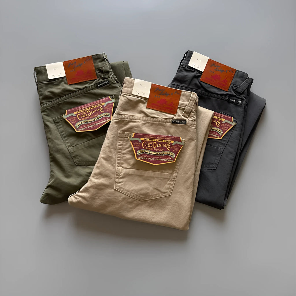 Men's straight-leg cotton trousers in Army Green, Grey or Khaki with mid-waist fit