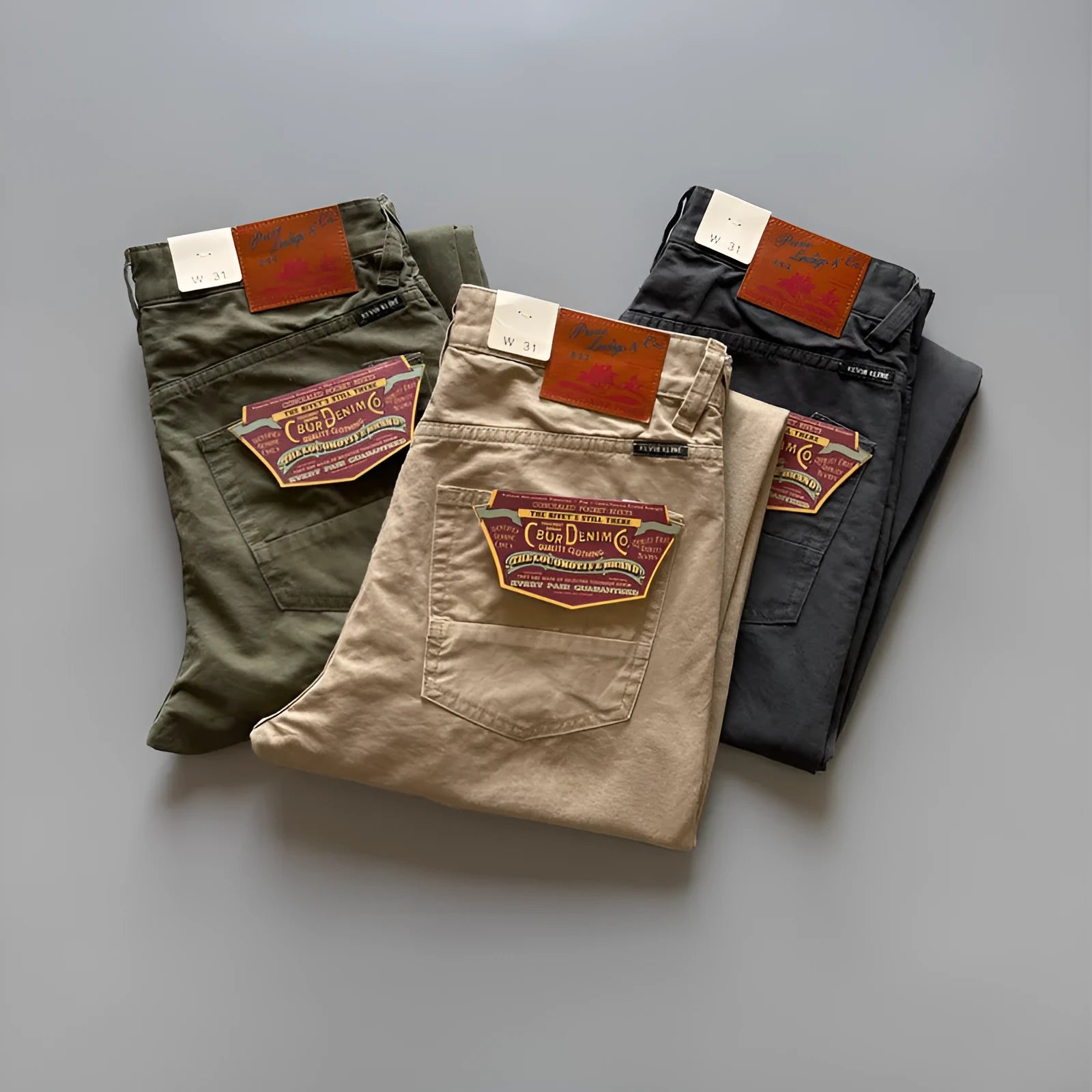 Men's straight-leg cotton trousers in Army Green, Grey or Khaki with mid-waist fit
