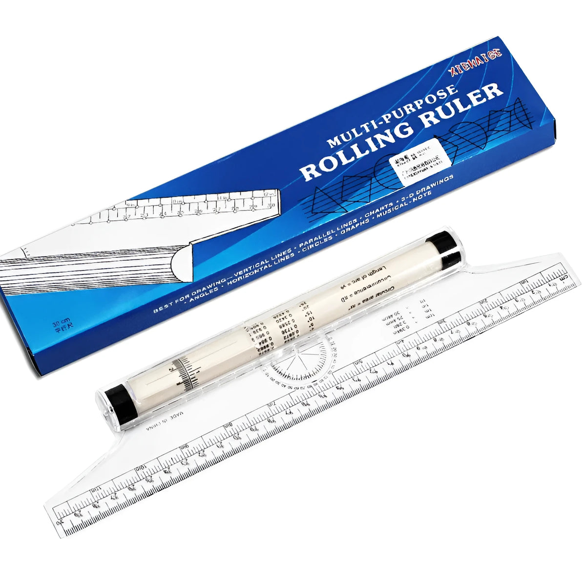 30cm plastic rolling ruler with calibrated rollers, angle and arc rapporteur, magnifying glass, and vertical line holes.