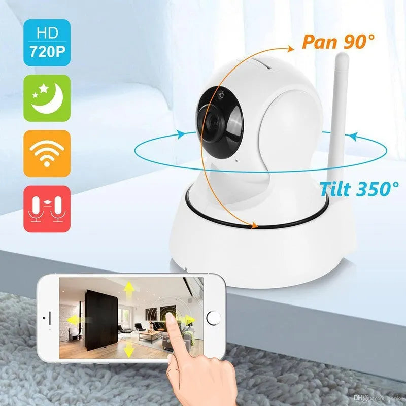 White wireless network camera with 720P HD, 3.6mm lens, 10m night vision, and 355° pan