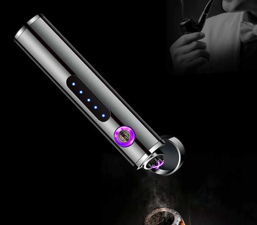 Metal USB electronic cigarette lighter in cylindrical design with USB charging cable, 8.4cm long