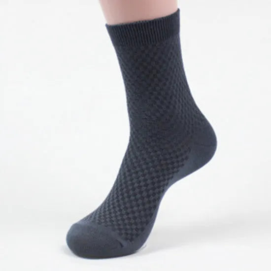 Men's bamboo fibre business socks with small square pattern in black, grey blue, iron grey, navy blue, and silver grey.
