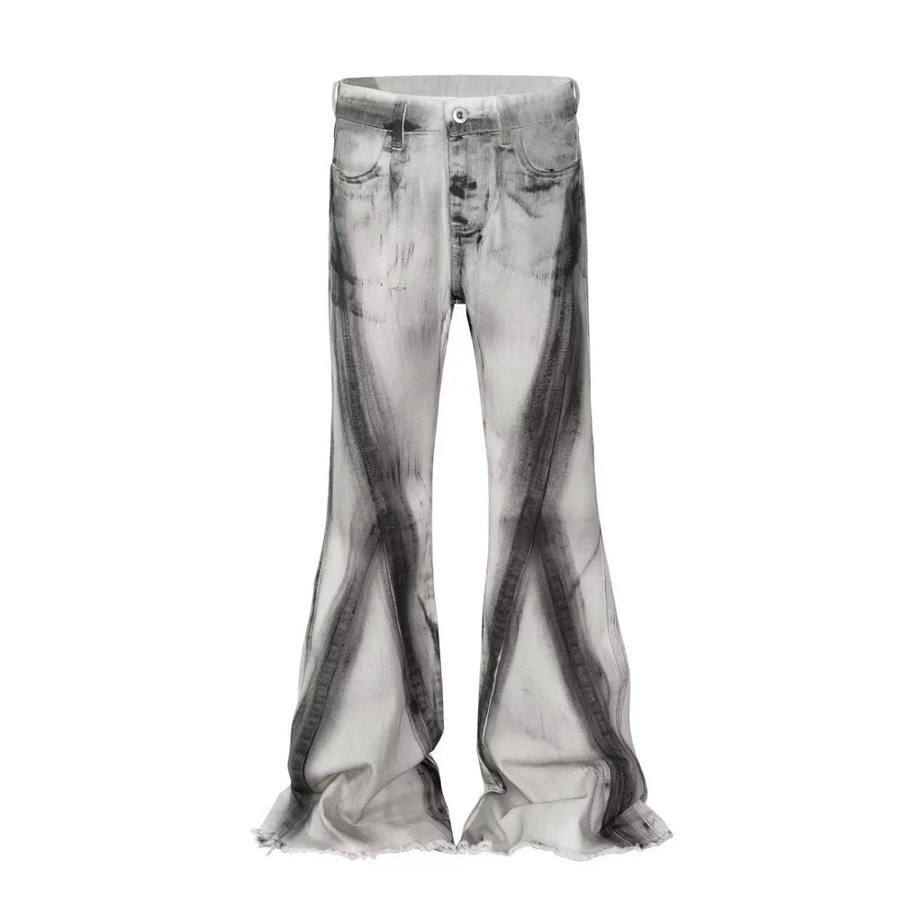 White heavy rough selvedge denim jeans with a black ribbon gradient detail on the leg.