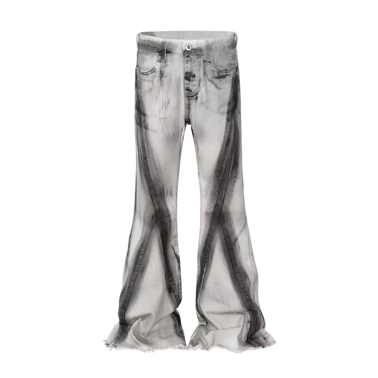 White heavy rough selvedge denim jeans with a black ribbon gradient detail on the leg.