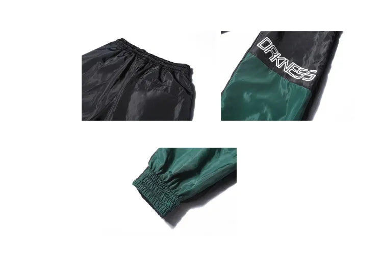 Japanese hip hop trousers with colour stitching, printed letters and bouquet foot in green or white