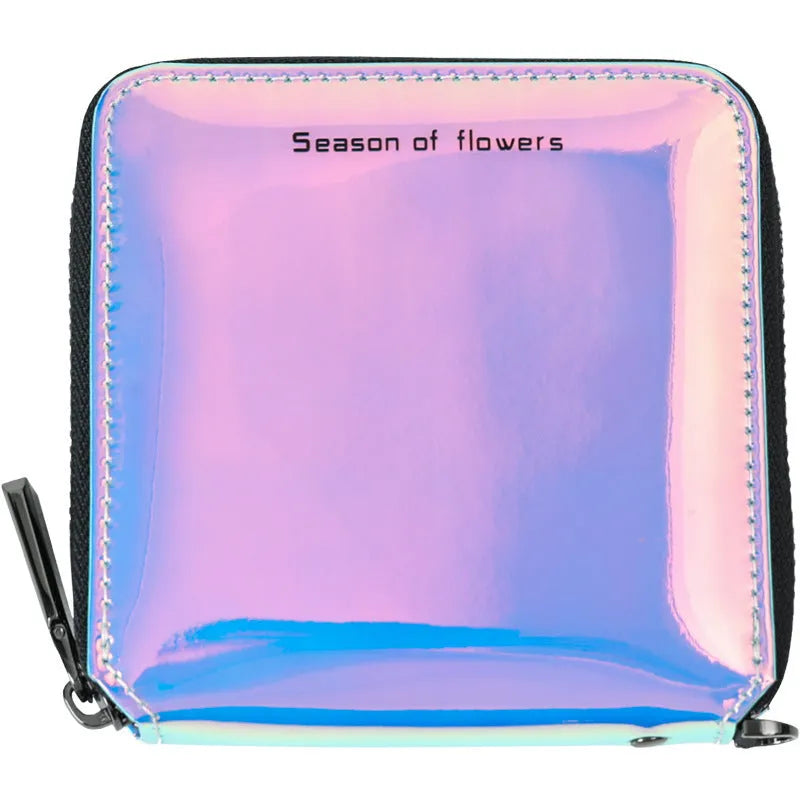 Short square bifold women's wallet in PU leather, shown in Magic Nail Glitter, Crystal Blue, and Symphony Green colours.