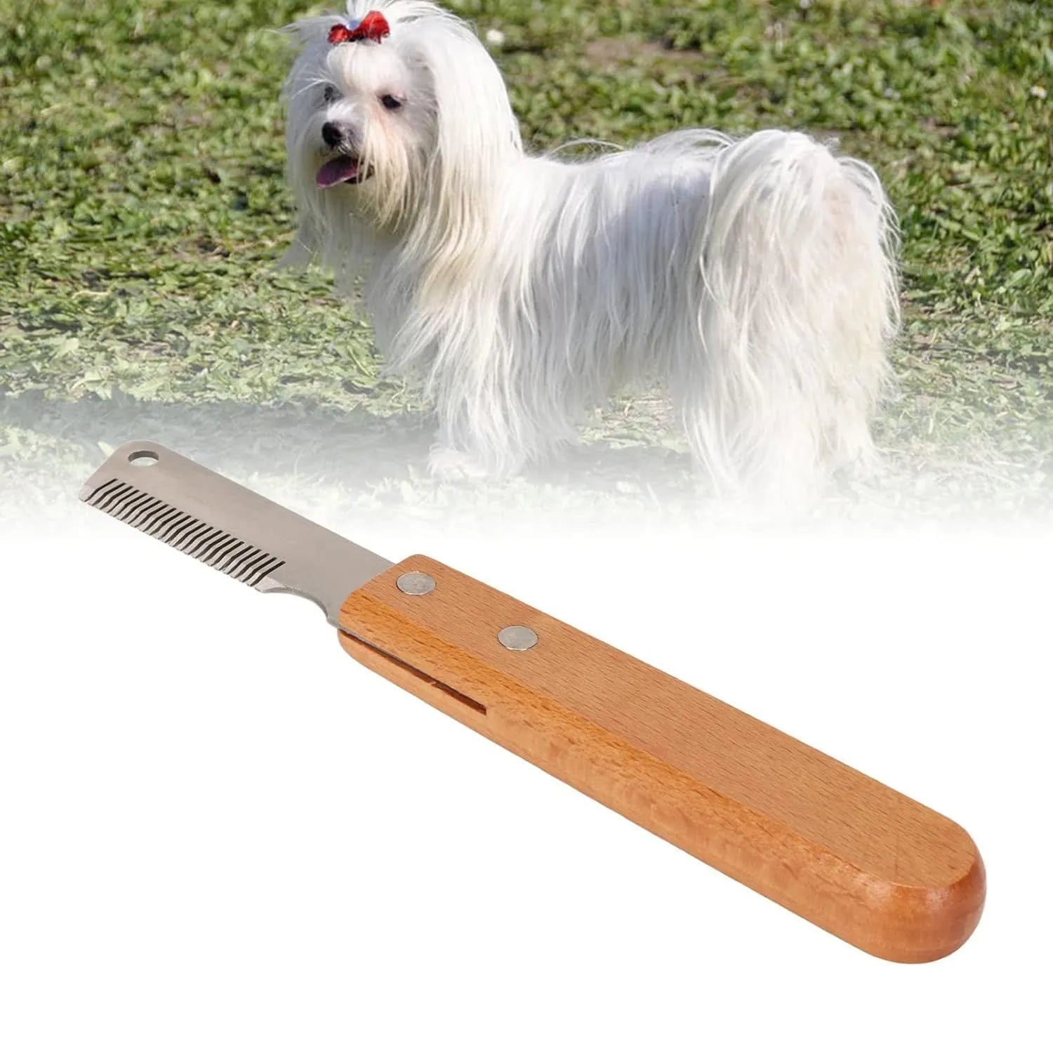 Wood handle pet stripping comb for grooming cats and dogs with metal fittings
