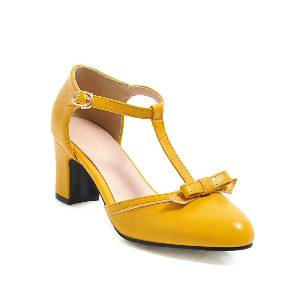 Women's apricot chunky heel sandals with hollow-out design, bow tie, and buckle strap on a 6.5cm rubber sole.