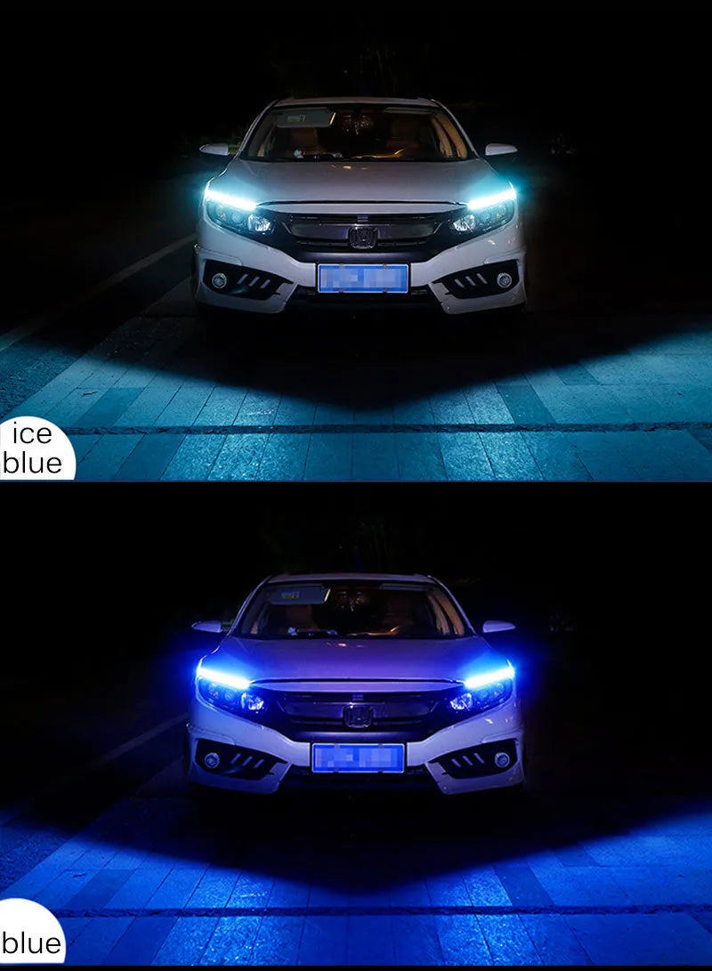 Flexible silicone car LED light strip for daytime running lights and animated turn signals.