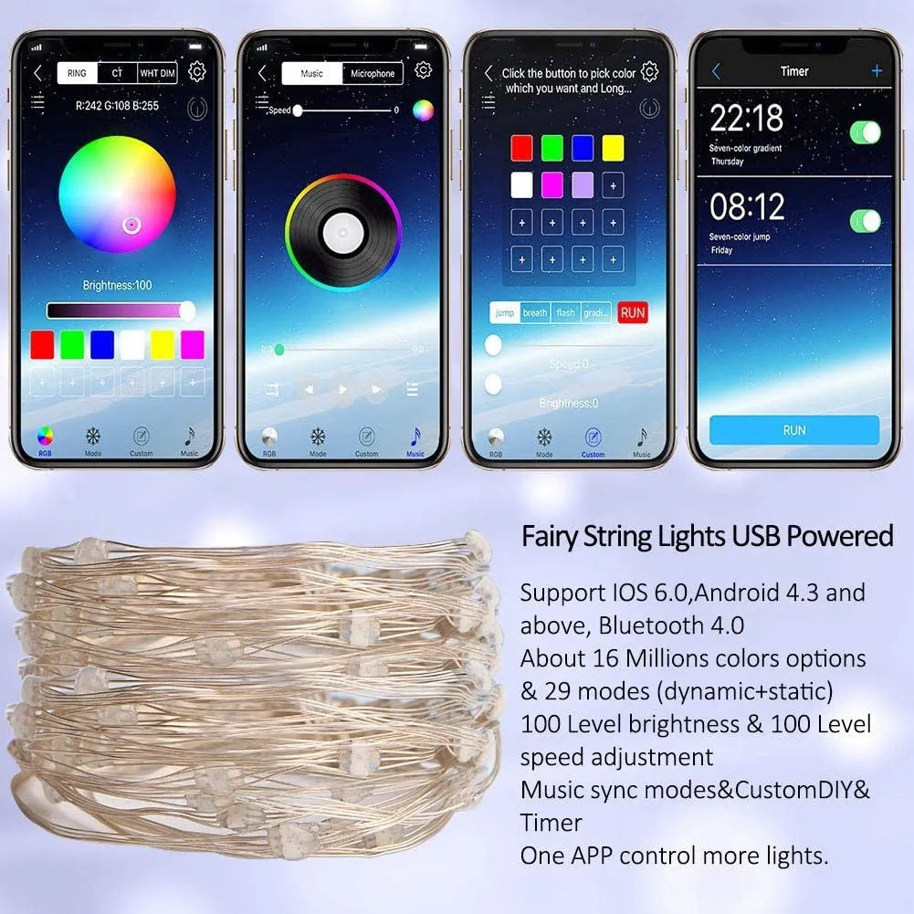Bluetooth RGB LED Christmas tree light string 10 metres 100 beads IP65 outdoor