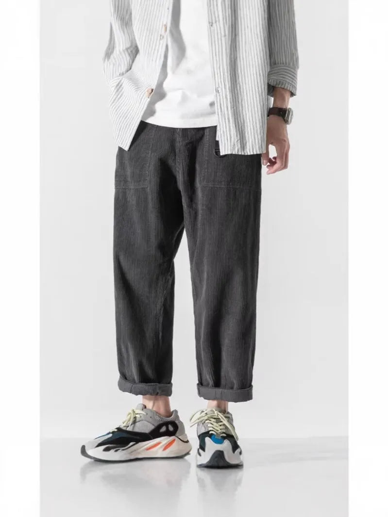 Loose straight tapered pants for men in dark gray, wide leg style, chemical fibre blend