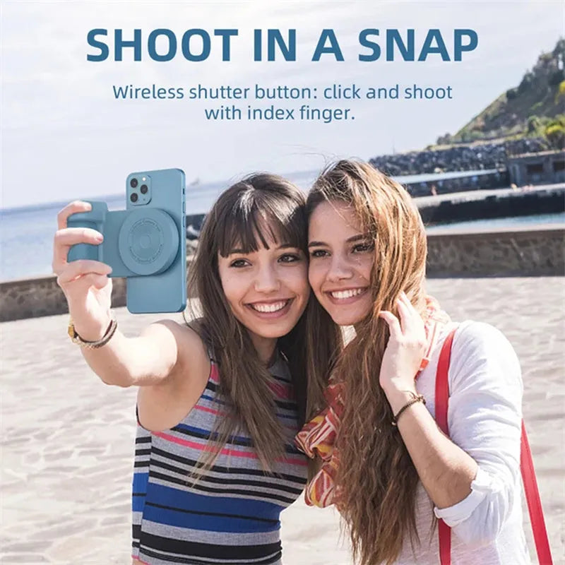 Black magnetic phone camera bracket with ergonomic PU leather handle on table