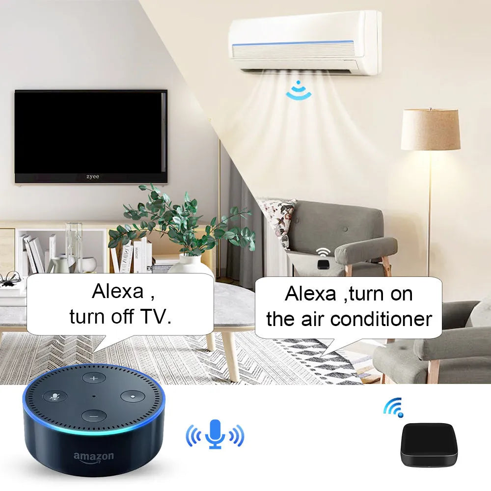 Black universal infrared remote control with voice command functionality and WiFi connectivity