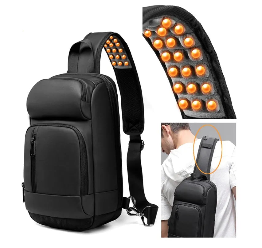 Black medium-sized PVC outdoor shoulder bag showing front view and interior laptop compartment.